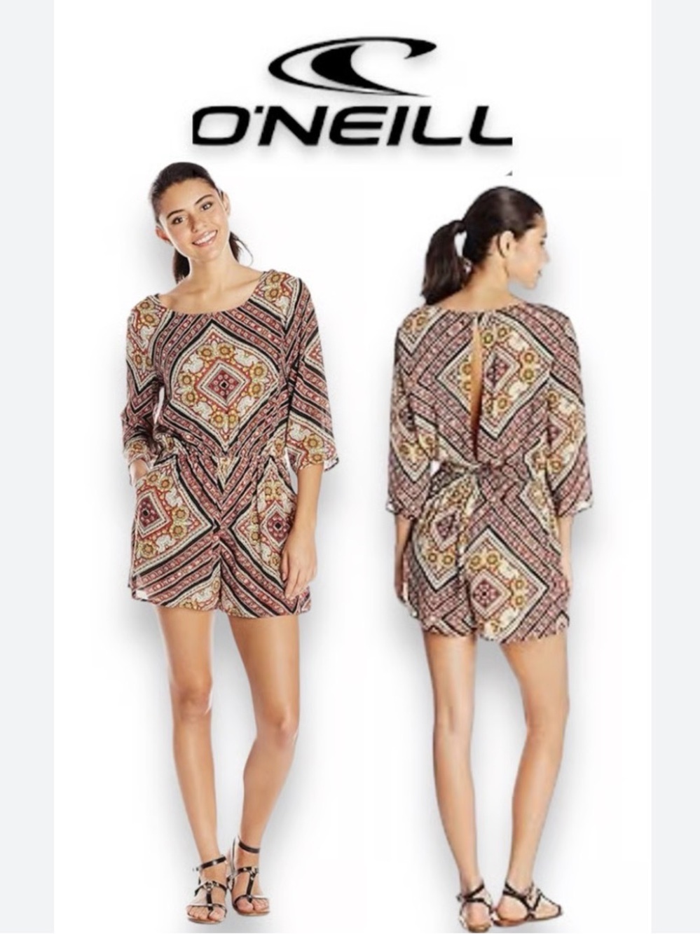 O’Neill Sera Printed Crinkle Gauze Boho Romper 3/4 Sleeve Geometric Women’s M
